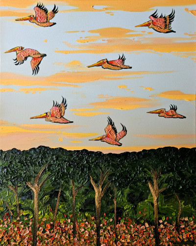 Pelican above the forest edge