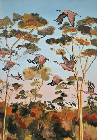 Cranes in forest glow