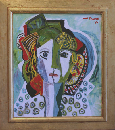 Young woman with green and red headdress