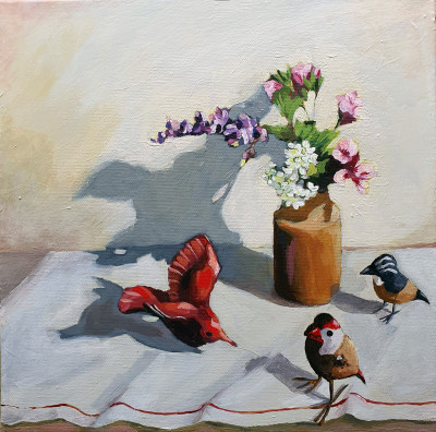 Still life with flowers and a few birds