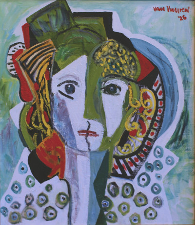 Young woman with green and red headdress